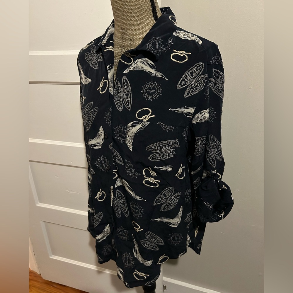 Ralph Lauren Navy and Cream Nautical Boat Pattern 100% Silk Button Down Blouse